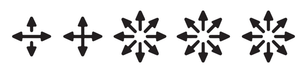 Set of black directional arrows, including cross-shaped and multi-directional spread designs. © Nayan Arts