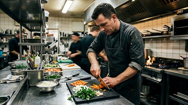 Dedicated chef expertly slices and dices vibrant vegetables in a busy restaurant kitchen, demonstrating precision and passion for culinary preparation and fine dining