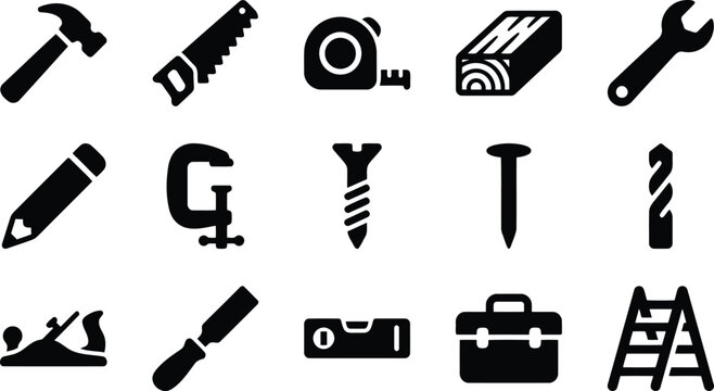 Set of construction and carpentry tools icons, including hammer, saw, tape measure, wood, wrench, pencil, clamp, screw, nail, drill bit, plane, chisel, level, toolbox, and ladder