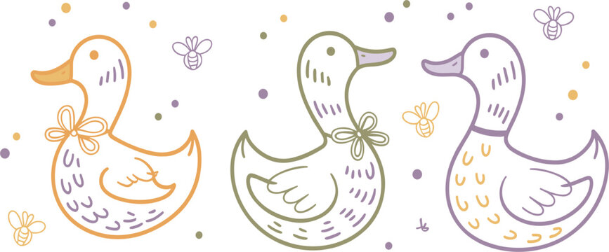 Cute hand drawn duck vector illustration set with bow ties, colorful nursery animal doodle characters