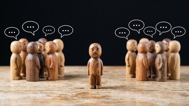 Sad wooden figure isolated from talking group, symbolizing loneliness and exclusion