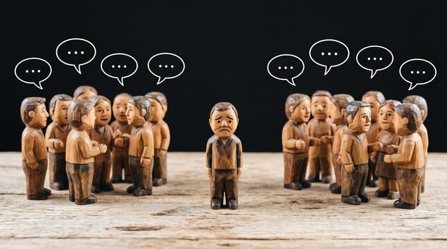 Sad wooden figure isolated from talking group, symbolizing loneliness and exclusion