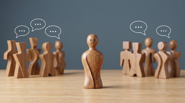 Sad wooden figure isolated between groups of talking people with speech bubbles