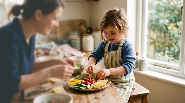 Joyful little child diligently helping mother prepare a colorful healthy snack in a cozy sunlit home kitchen, fostering culinary skills and family bonding