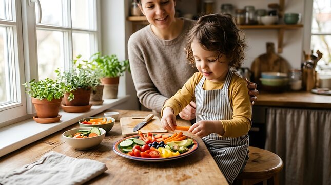 Happy mother and child preparing healthy food together in a sunlit kitchen