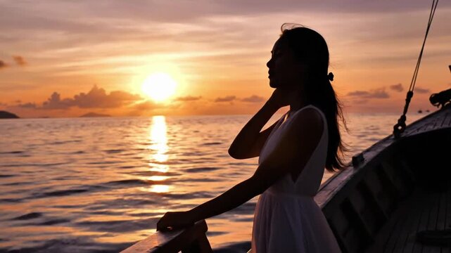 Person looks at sunset on calm water while standing on boat under clear sky surrounded by distant islands