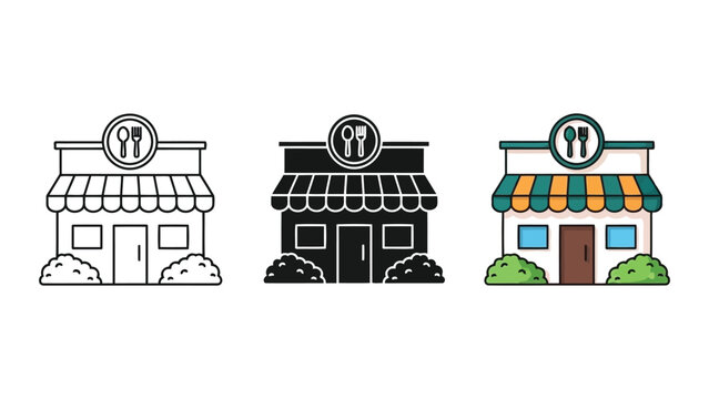 Restaurant building facade with awning and signage, flat design vector illustration