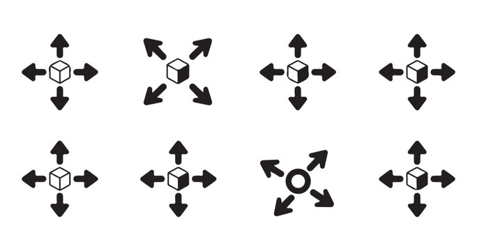 Cube movement and transform UI icon set for 3D modeling software interface and digital development.