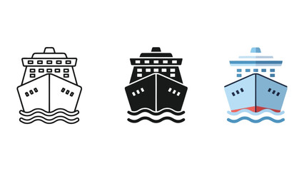 Naklejka premium Cruise Ship Icons: Outline, Silhouette, and Flat Design Vector Illustrations on White Background