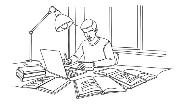 A young man studying at his desk with books and laptop.