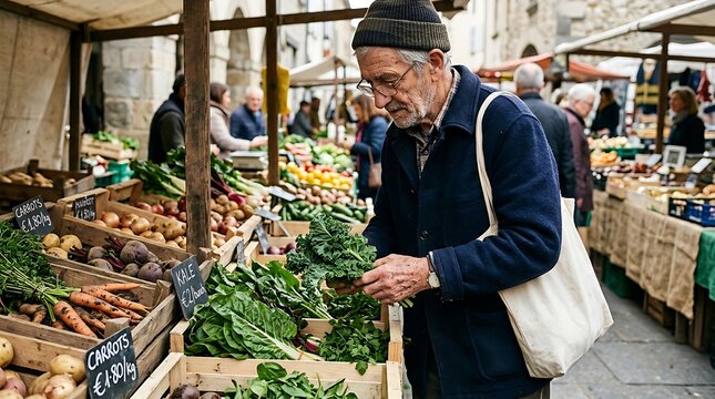 A thoughtful senior man browsing a vibrant outdoor market stall, carefully selecting fresh, healthy vegetables for a sustainable and local shopping experience