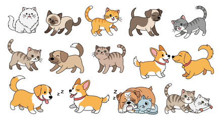 Cute cartoon dogs and cats playing. © setok