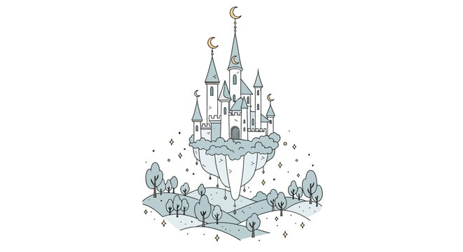 Fantasy castle with towers spires.