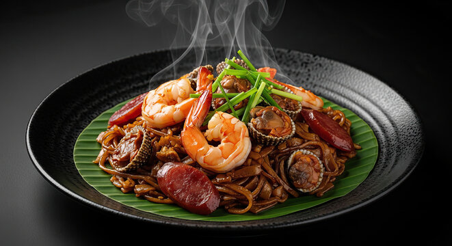 Luxury fine dining style photo of Char kway teow, stir-fried rice noodle dish from Malaysian Chinese. In Hokkien and Teochew, char means 'stir-fried' and kway teow refers to flat rice noodles.