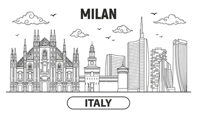 Fototapeta premium Detailed monochrome vector Milan Italy cityscape illustration featuring landmarks