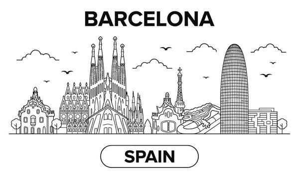 Detailed monochrome skyline vector illustration of Barcelona Spain