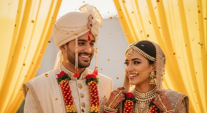 indian bride and groom smiling under golden wedding mandap in traditional attire