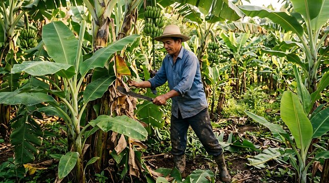Dedicated farmer diligently works in a thriving banana plantation, using a large knife to prune lush green foliage, embodying the essential labor of tropical fruit cultivation and agricultural life