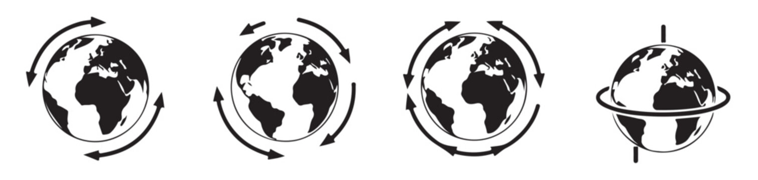 Collection of global world globe icons with circular arrows indicating rotation or connectivity vectors.