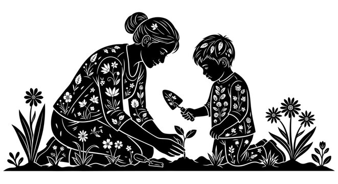 Mother and child planting flowers in garden with love and care together
