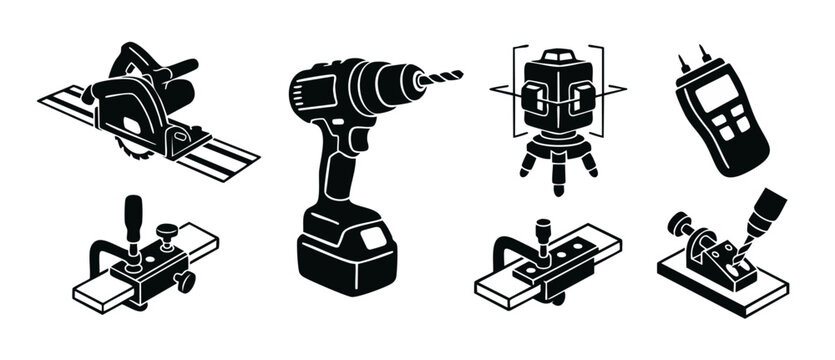 Power Tools Set Construction Equipment Icons Including Cordless Drill, Circular Saw, Laser Level, Measuring Device, And Woodworking Jigs For Carpentry Projects, DIY Home Renovation And Professional In