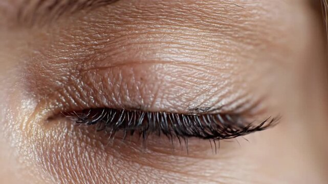 Close up macro view of a blue female human eye showing pupil and cornea at a close range