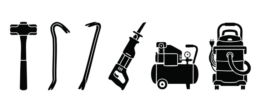 Construction Tools Icon Set: Hammer, Crowbars, Reciprocating Saw, Air Compressor and Shop Vacuum for Renovation, DIY Projects and Building Maintenance. Professional Workshop Equipment Symbols Collecti