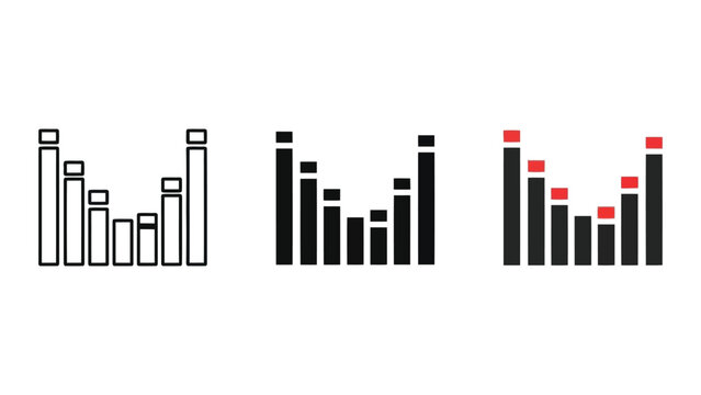 Set of audio equalizer bars with varying levels, in outline, solid black, and color variations, flat design vector illustration