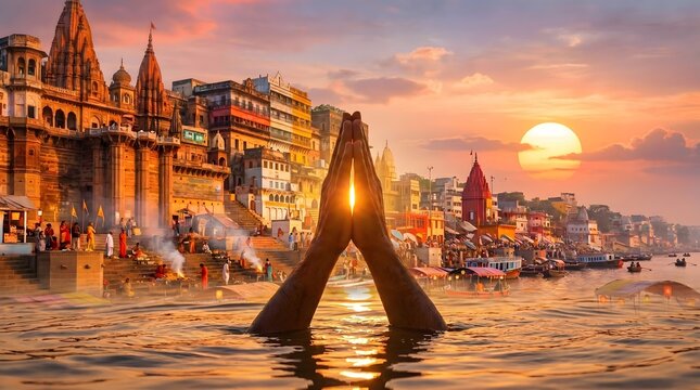 Hands folded in a traditional prayer gesture rise from the sacred river waters, with the historic city glowing during golden hour.