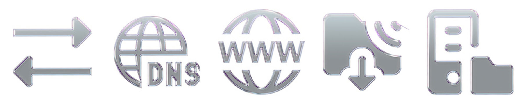 Modern 3D hologram icon collection - data in both directions, dns, domain, download from ftp, and ftp server. Data exchange icon collection and design. Premium rendered design.