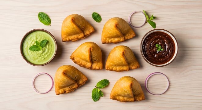 Delicious samosas with chutneys a vibrant indian snack presentation