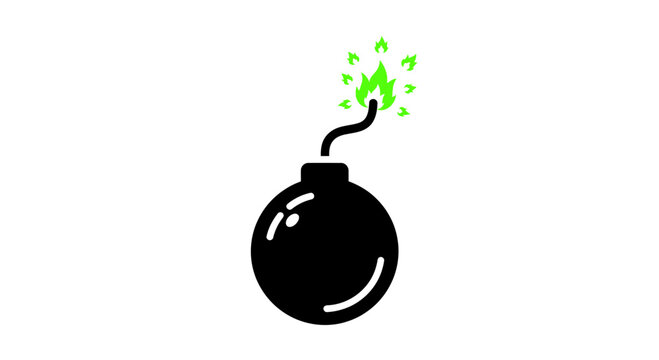 Exploding Bomb Icon with Green Flames and Fuse, Danger Symbol