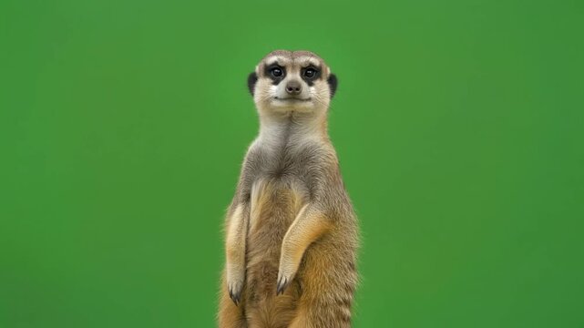 Meerkat Stands Alert on Chroma Green Screen Offering a Versatile Element for Creative Projects and Visual Effects