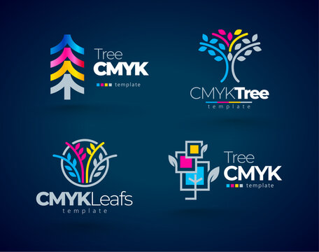 Set logos Printing theme. Abstract Tree Cmyk Colors. Template design vector. Black background