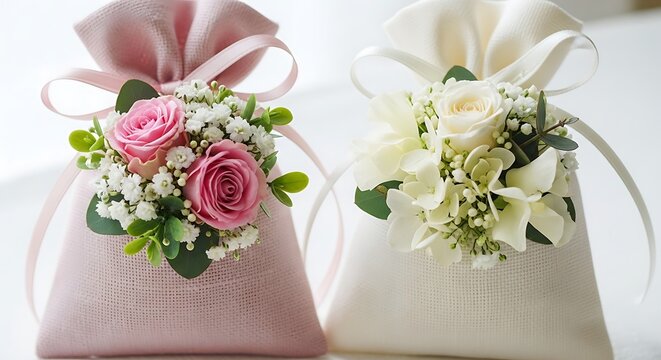 Romantic floral decorated bags with handmade soap as rustic wedding favors