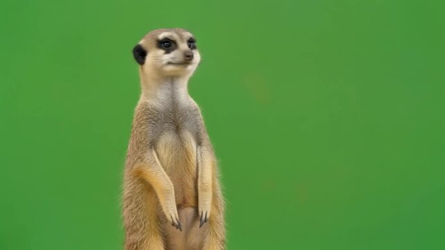 Meerkat Alert Stands Attentive Against Green Screen Backdrop for Educational Animal Films and Stock Visuals