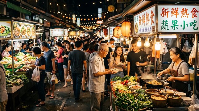 Vibrant night market scene alive with bustling crowds and diverse food stalls under the warm glow of lanterns, offering an authentic culinary and cultural experience