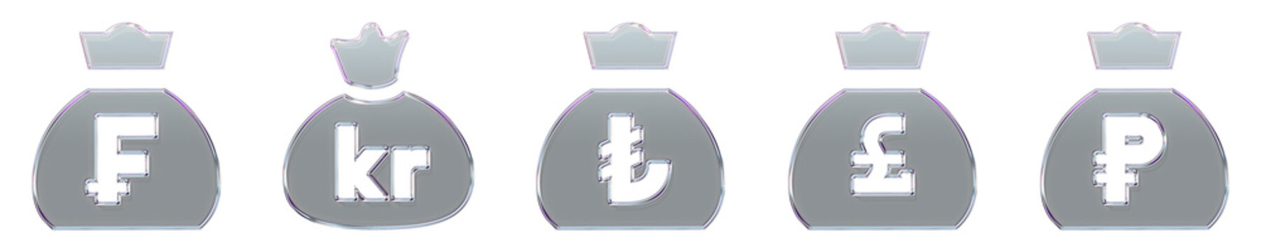 Isolated 3D hologram money bag franc, money bag krona, money bag lira, money bag pound, and money bag ruble icons with yellow orange gradient. Cash icon collection and design.