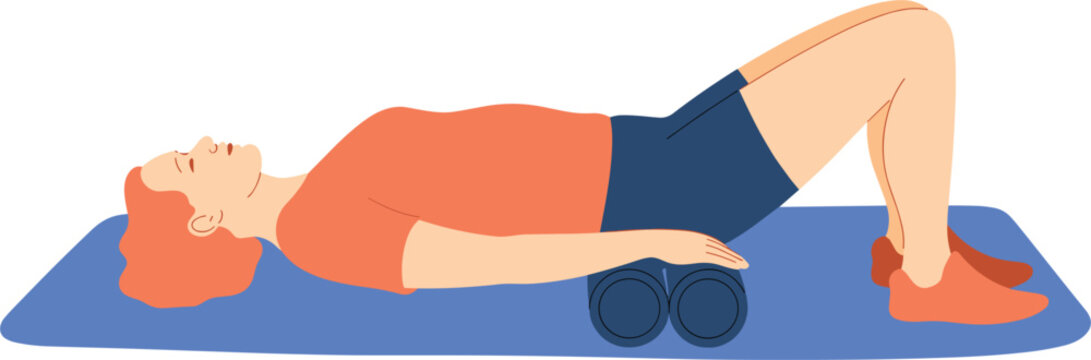 Woman doing glute bridge exercise on yoga mat with dumbbells home workout fitness illustration vector concept