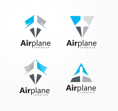Set Airplane logos silhouette flight planes blue, white background