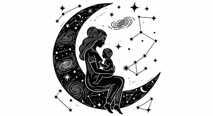Obraz premium A mother and child sit on a crescent moon surrounded by stars and constellations in a peaceful night scene with a galaxy view.