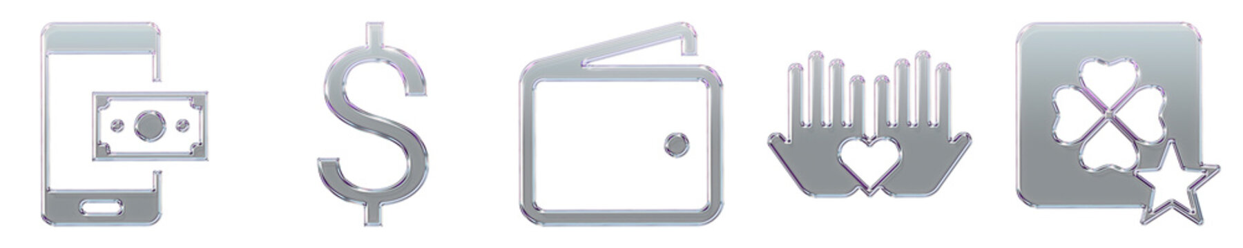 Isolated 3D crystal topup payment, us dollar, wallet, welfare, and won opportunity icons with pink purple gradient. Finance banking investment and money management. Render.