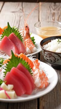 Enjoying mix sashimi and ebi with rice at a Japanese restaurant in Japan