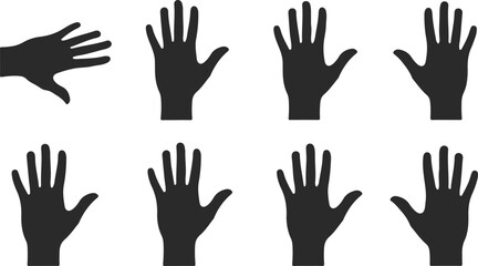 Fototapeta premium Collection of eight black hand silhouettes with open palms and fingers