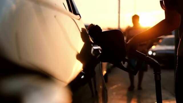 A man pops his gas tank cover, removes the cap and fills his car with gasoline. Refueling modern car at gas filling station close up transportation