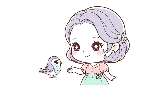 Little girl with purple hair and bird.