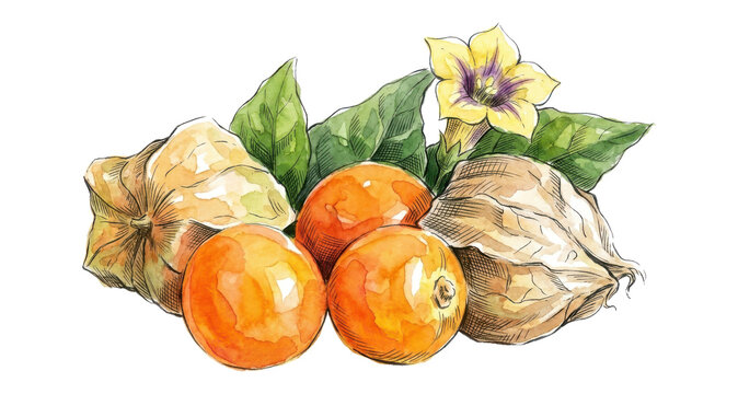 Watercolor cape gooseberry fruit with leaves and yellow flower design.