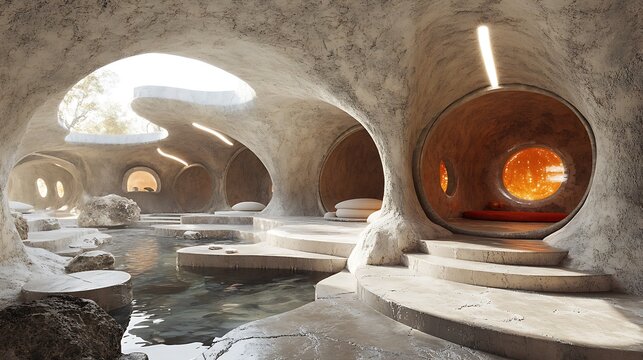 Imaginative cave dwelling design with water feature and unique architectural features