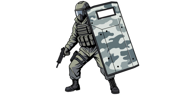 Soldier holding a camouflage shield.