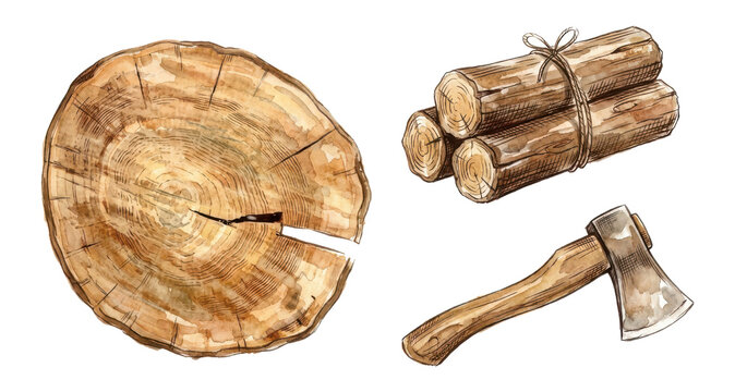 Wooden log slice and woodchopping axe watercolor rustic forestry set.